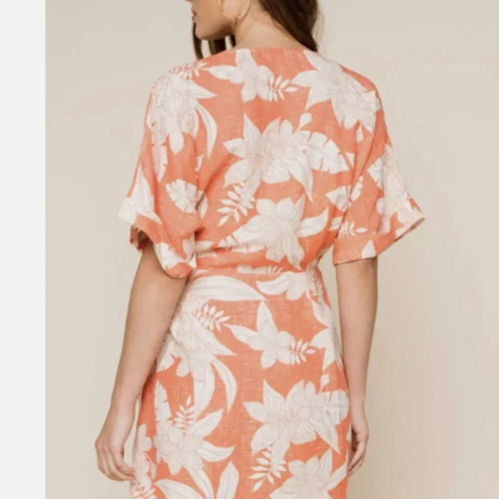Amuse Society Mala Wrap S/S‎ Woven Dress Coral Tropical Resort Top NWT XS